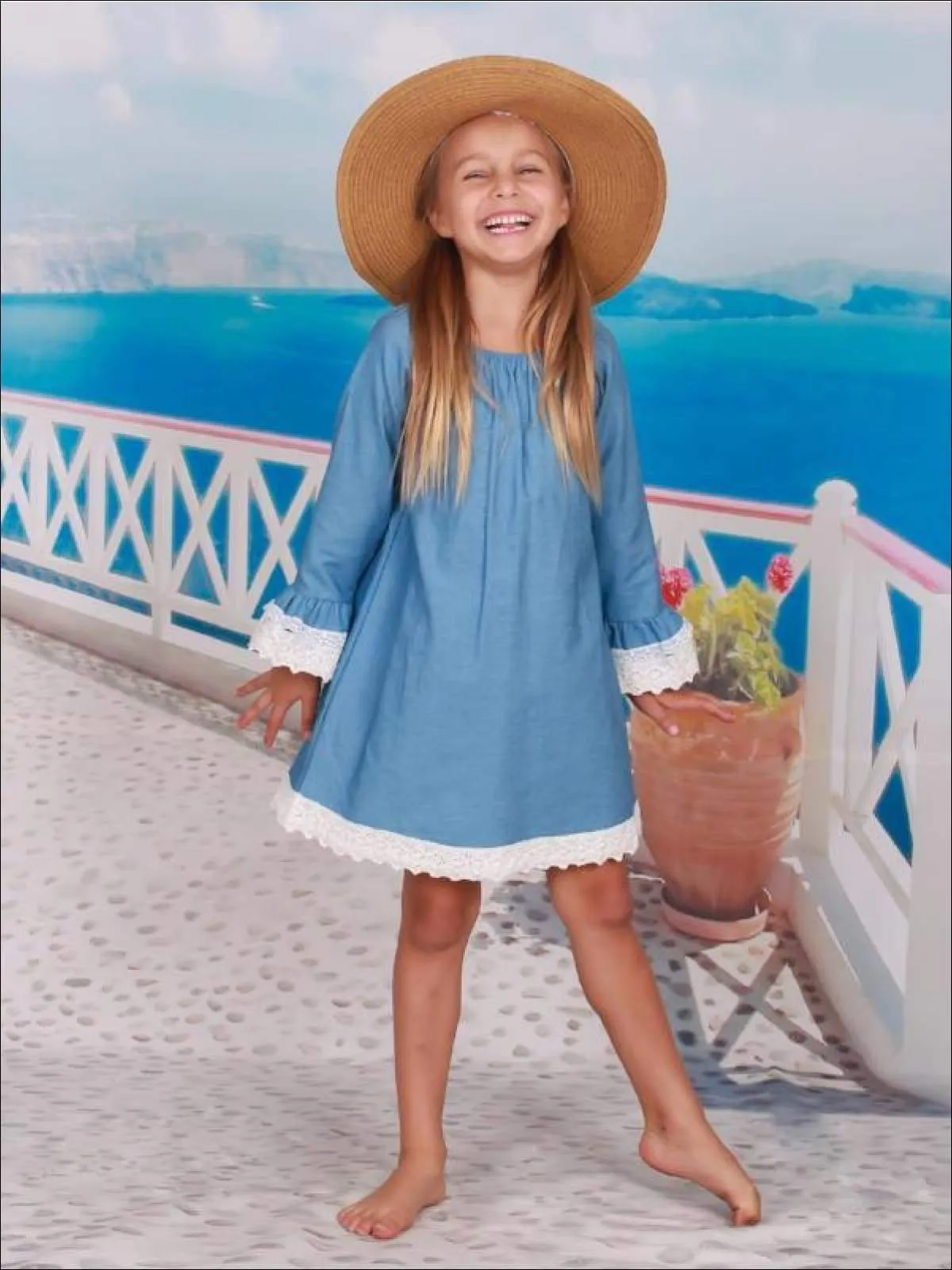 Girls Denim Off the Shoulder Lace Boho Flared Sleeves Dress