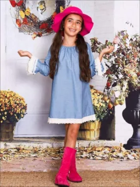 Girls Denim Off the Shoulder Lace Boho Flared Sleeves Dress