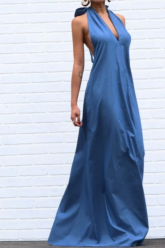 Halter Denim Maxi Dress
