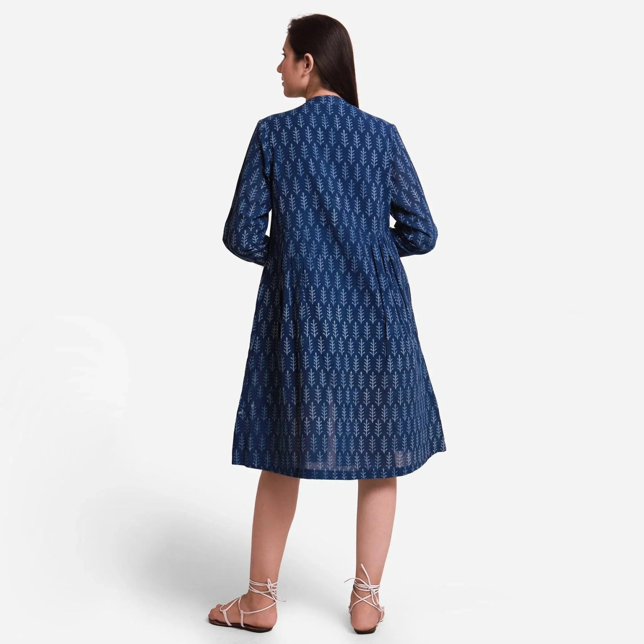 Indigo Dabu Block Printed Cotton Knee Length Dress