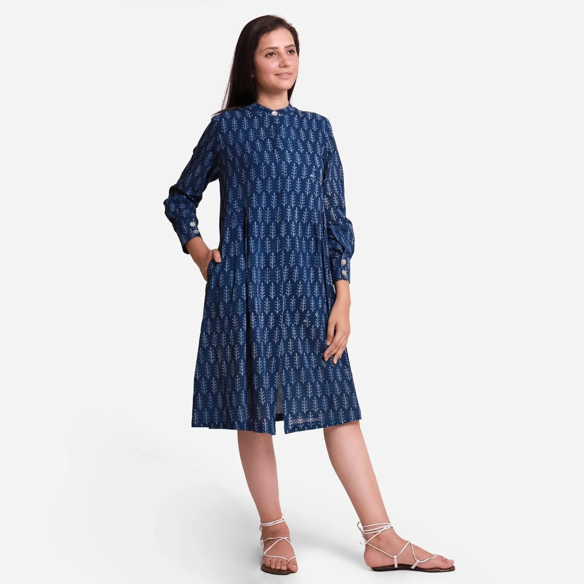 Indigo Dabu Block Printed Cotton Knee Length Dress
