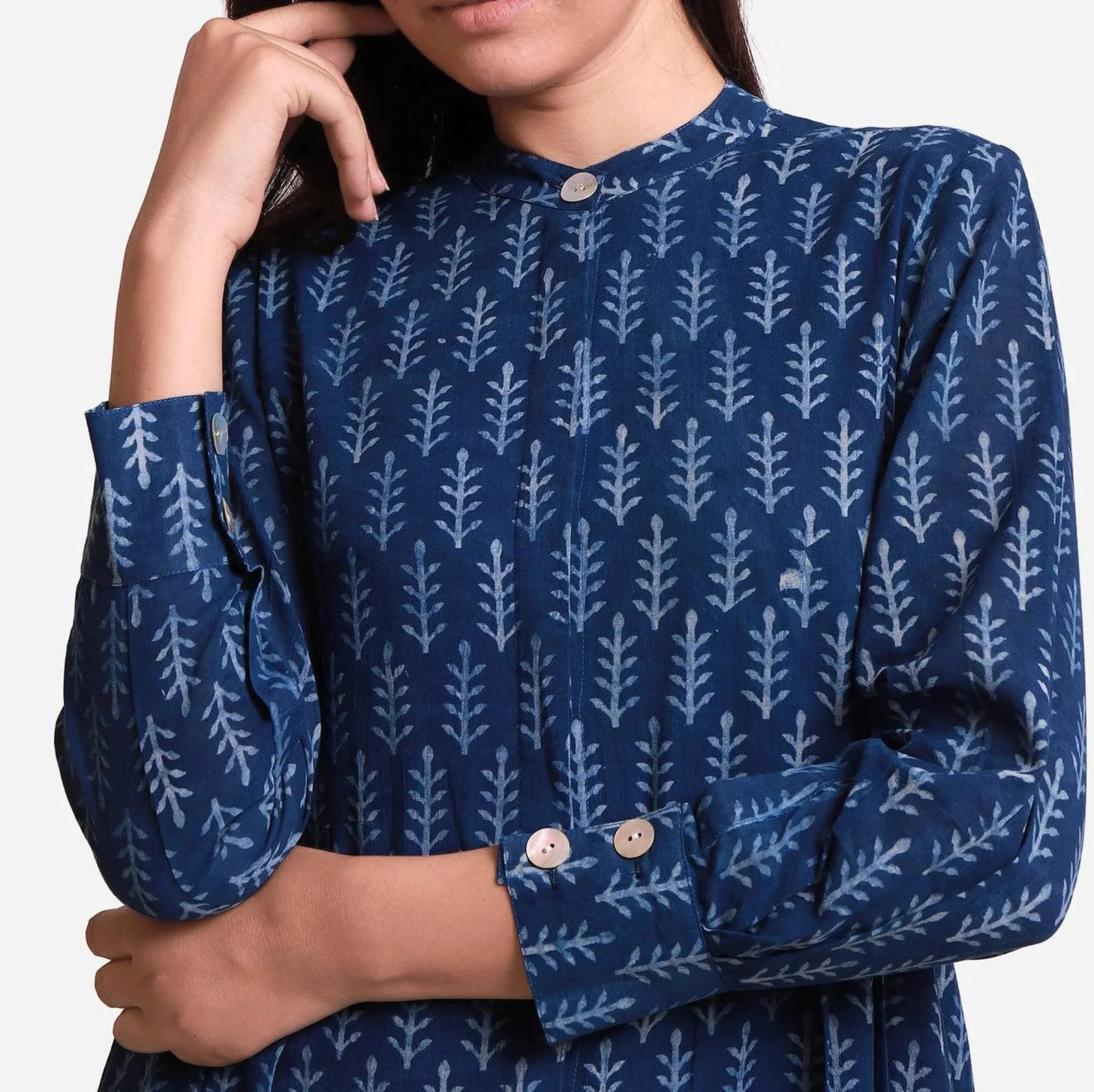 Indigo Dabu Block Printed Cotton Knee Length Dress