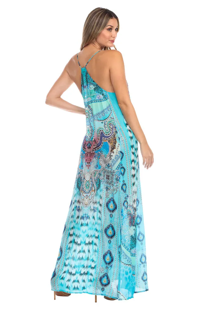 LA MODA EGYPTIAN QUEEN BOHEMIAN T-BACK MAXI DRESS WITH FRONT POCKETS
