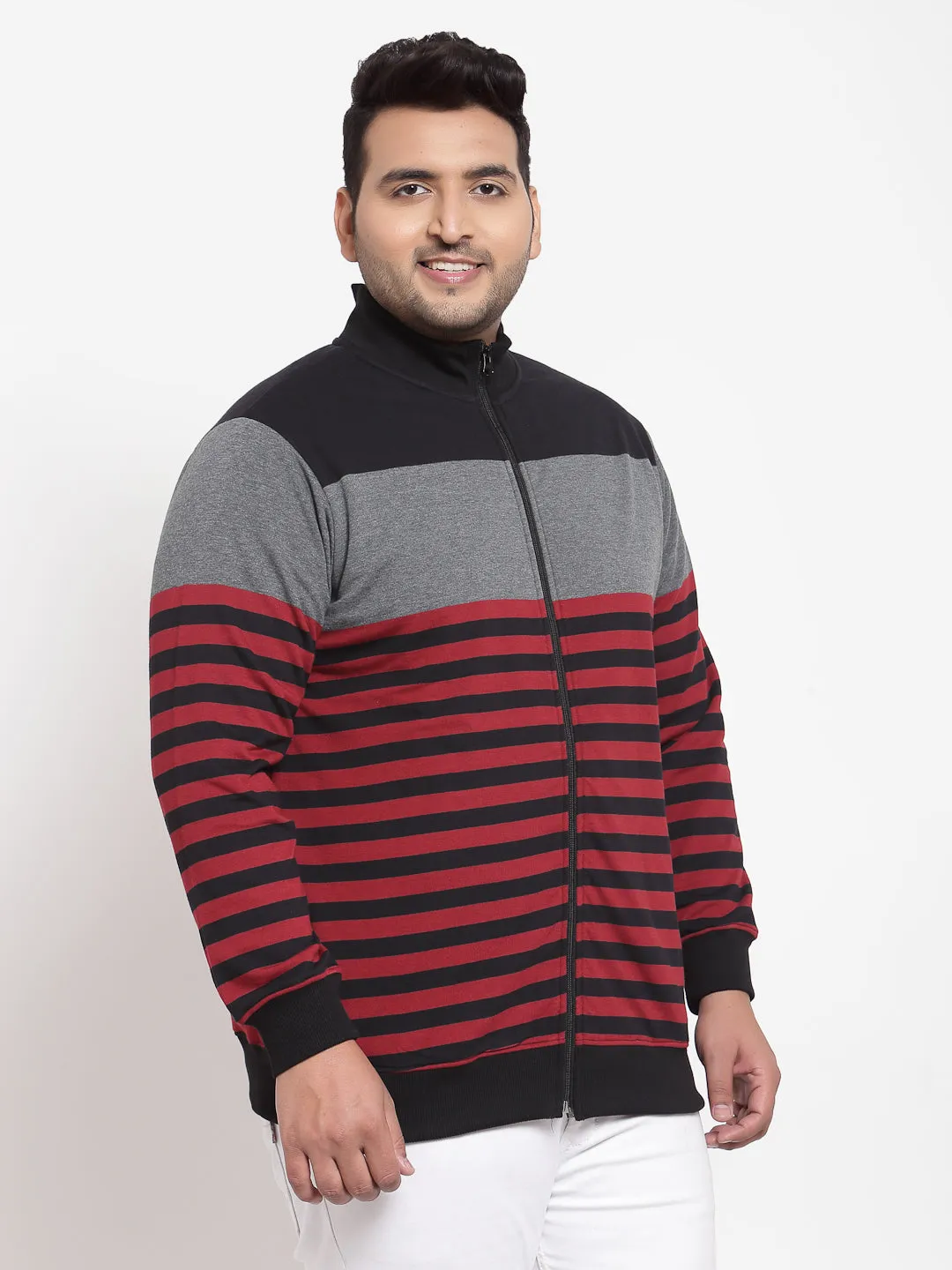 Men Grey & Red Striped Sweatshirt