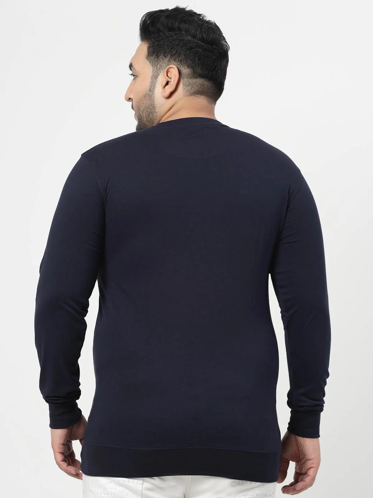 Navy Blue Typography Printed Cotton Pullover Sweatshirt