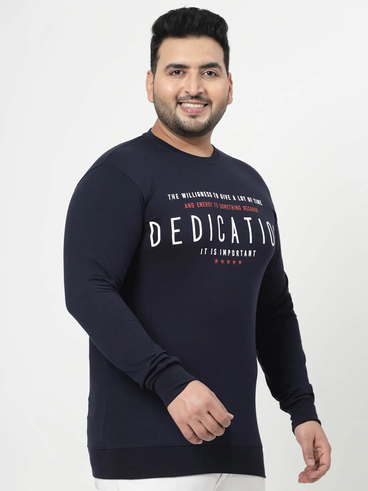 Navy Blue Typography Printed Cotton Pullover Sweatshirt