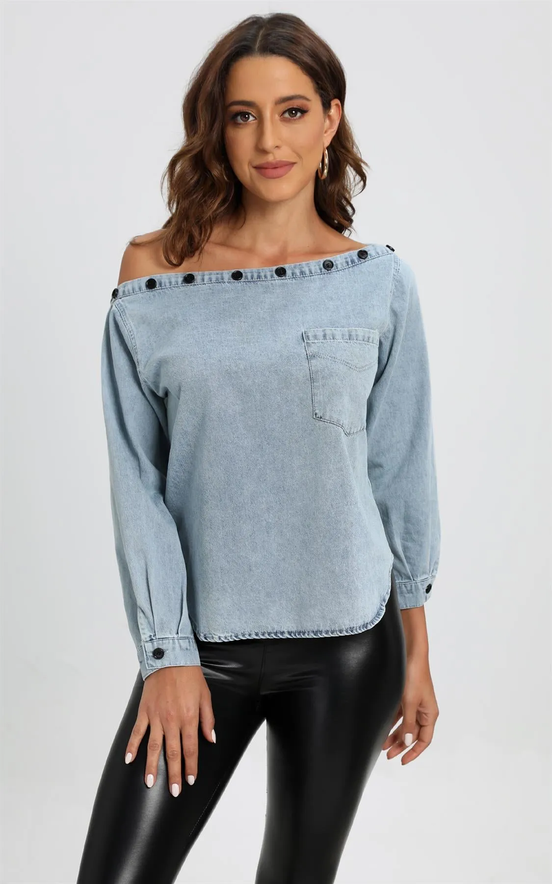 Off Shoulder Button Detail Denim Top In Blue