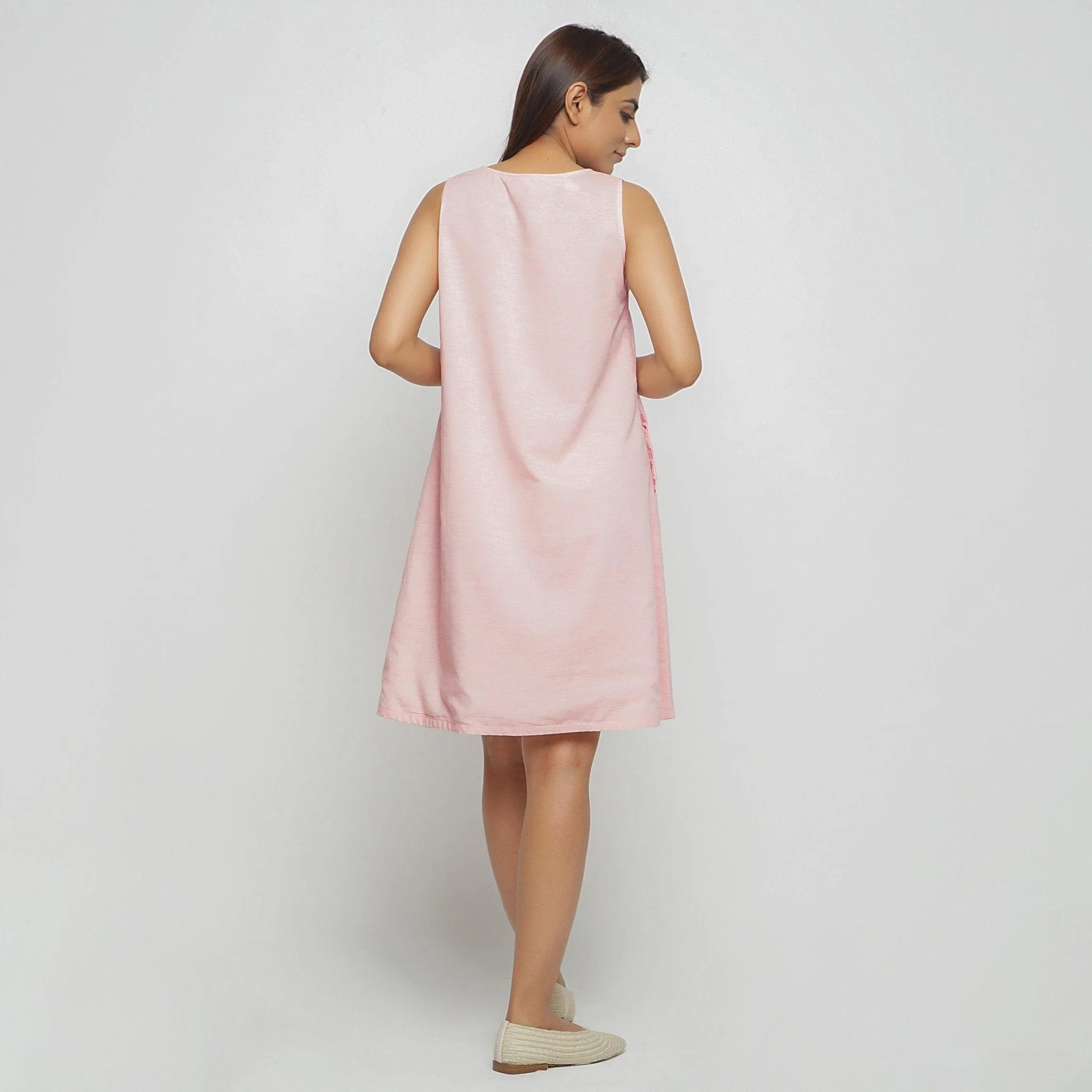 Peach Block Printed Cotton Knee Length Paneled Dress