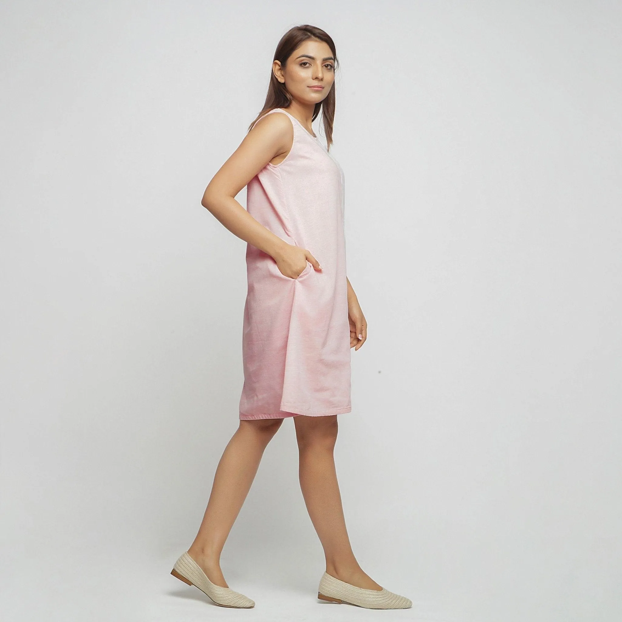 Peach Block Printed Cotton Knee Length Paneled Dress