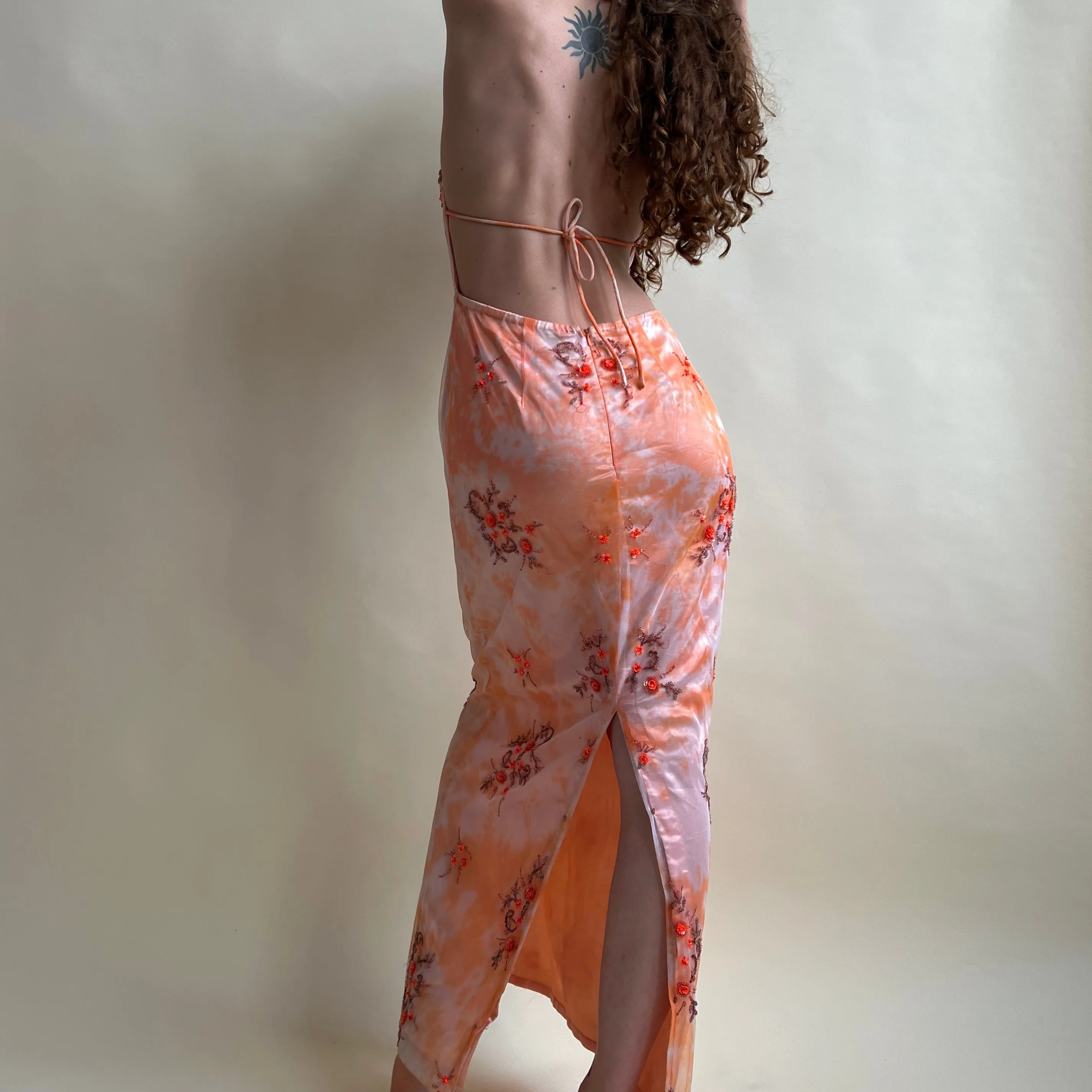 Peach tie dye floral prom dress (L)