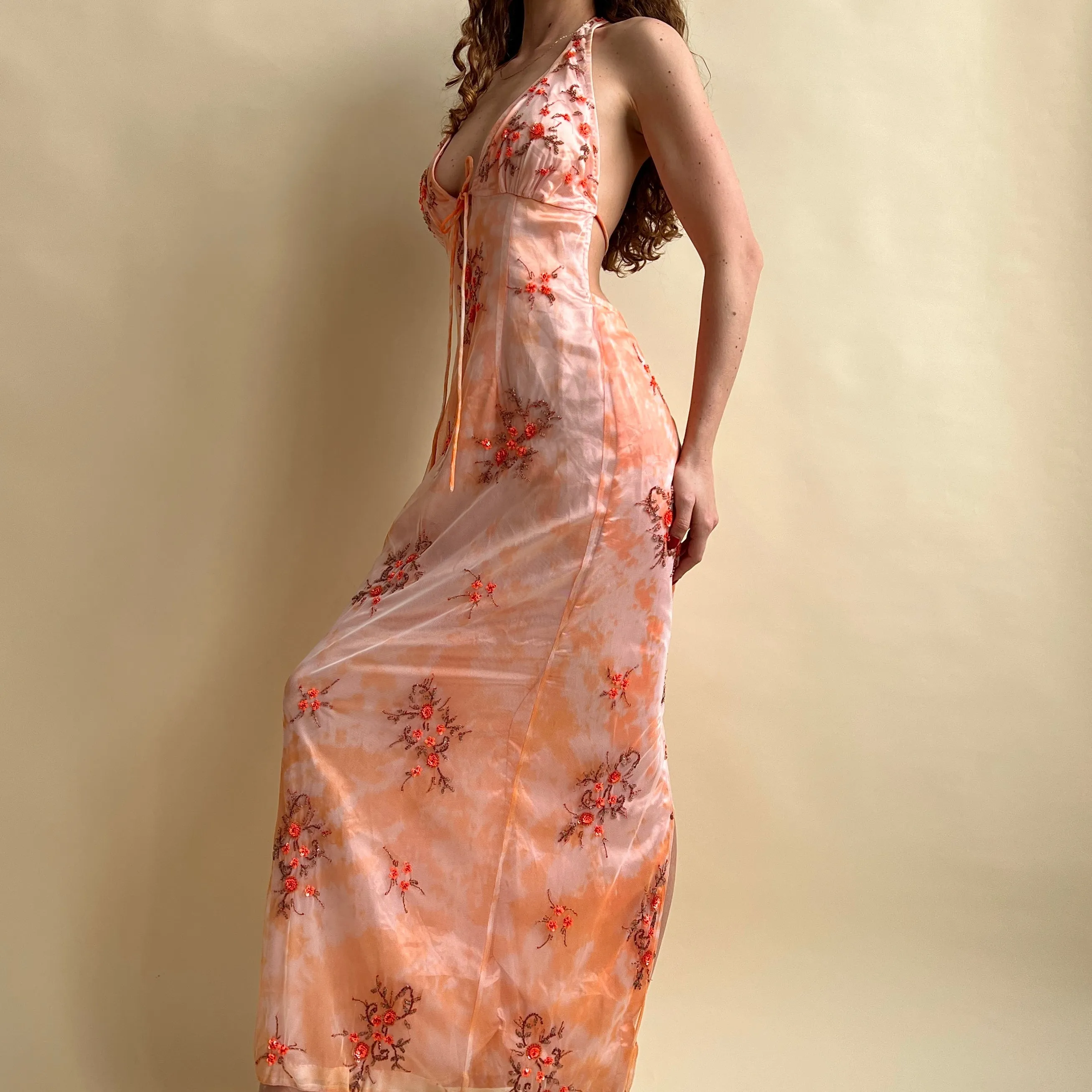 Peach tie dye floral prom dress (L)