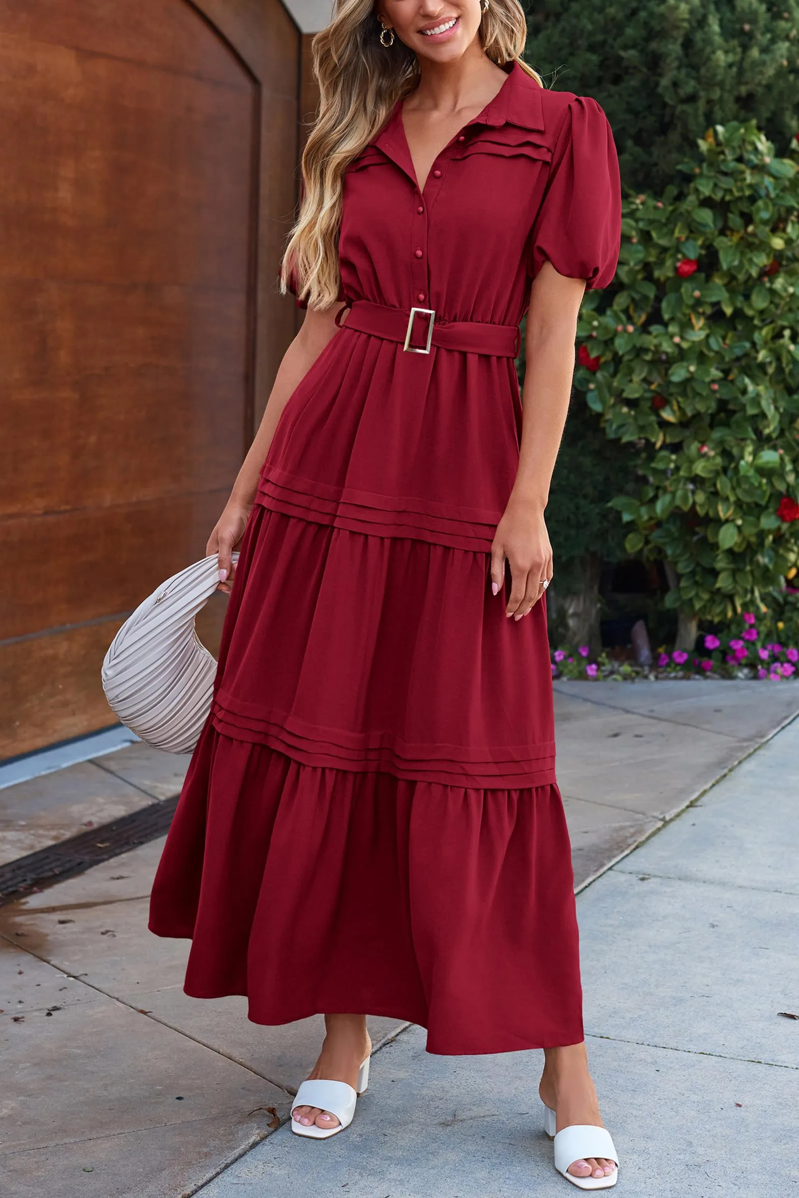 Puff Short Sleeve Lapel V Neck Tiered A-Line Flowy Party Dresses With Belt