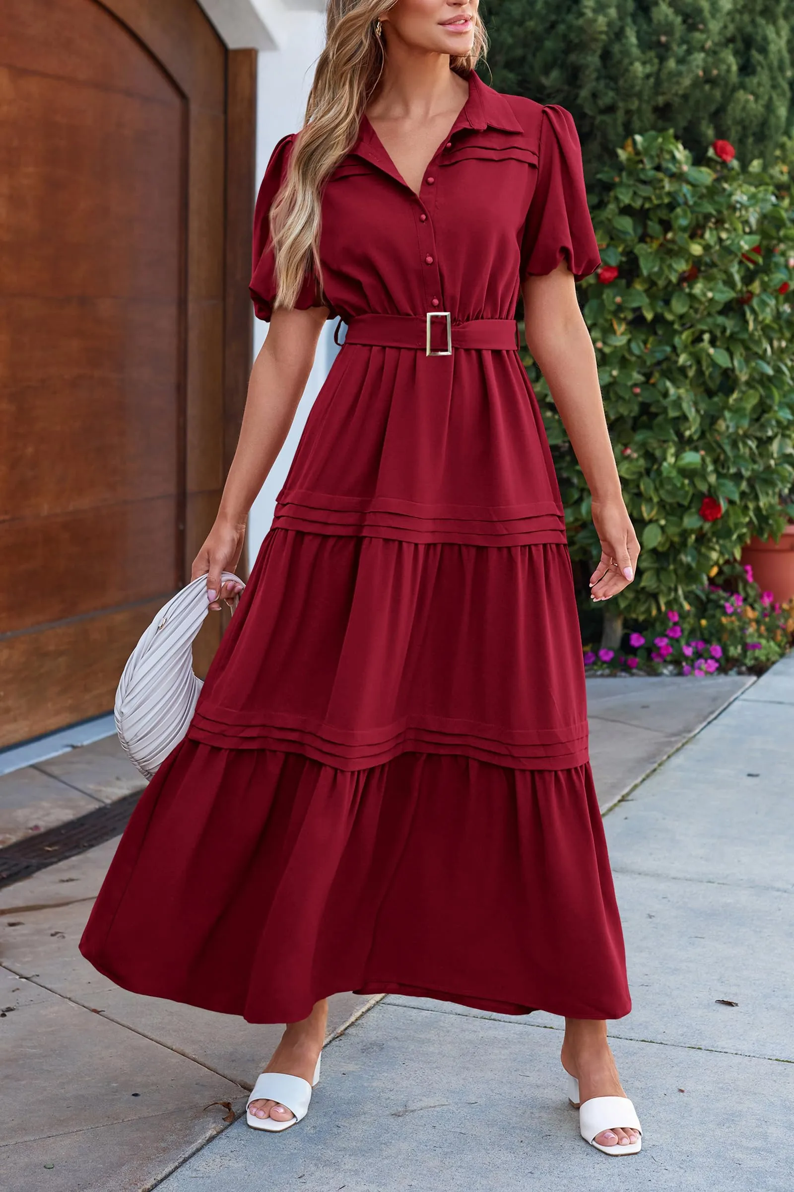 Puff Short Sleeve Lapel V Neck Tiered A-Line Flowy Party Dresses With Belt
