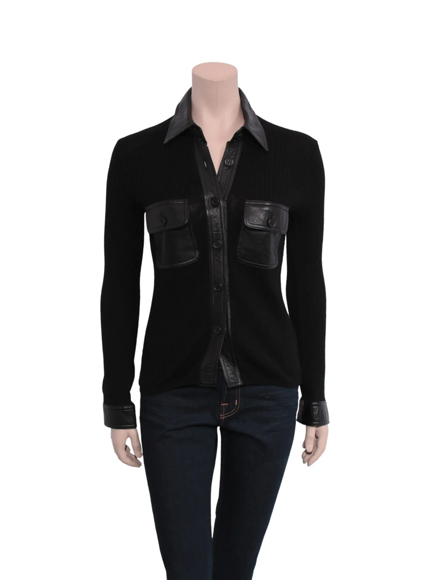 Ribbed Leather Detail Wool Sweater