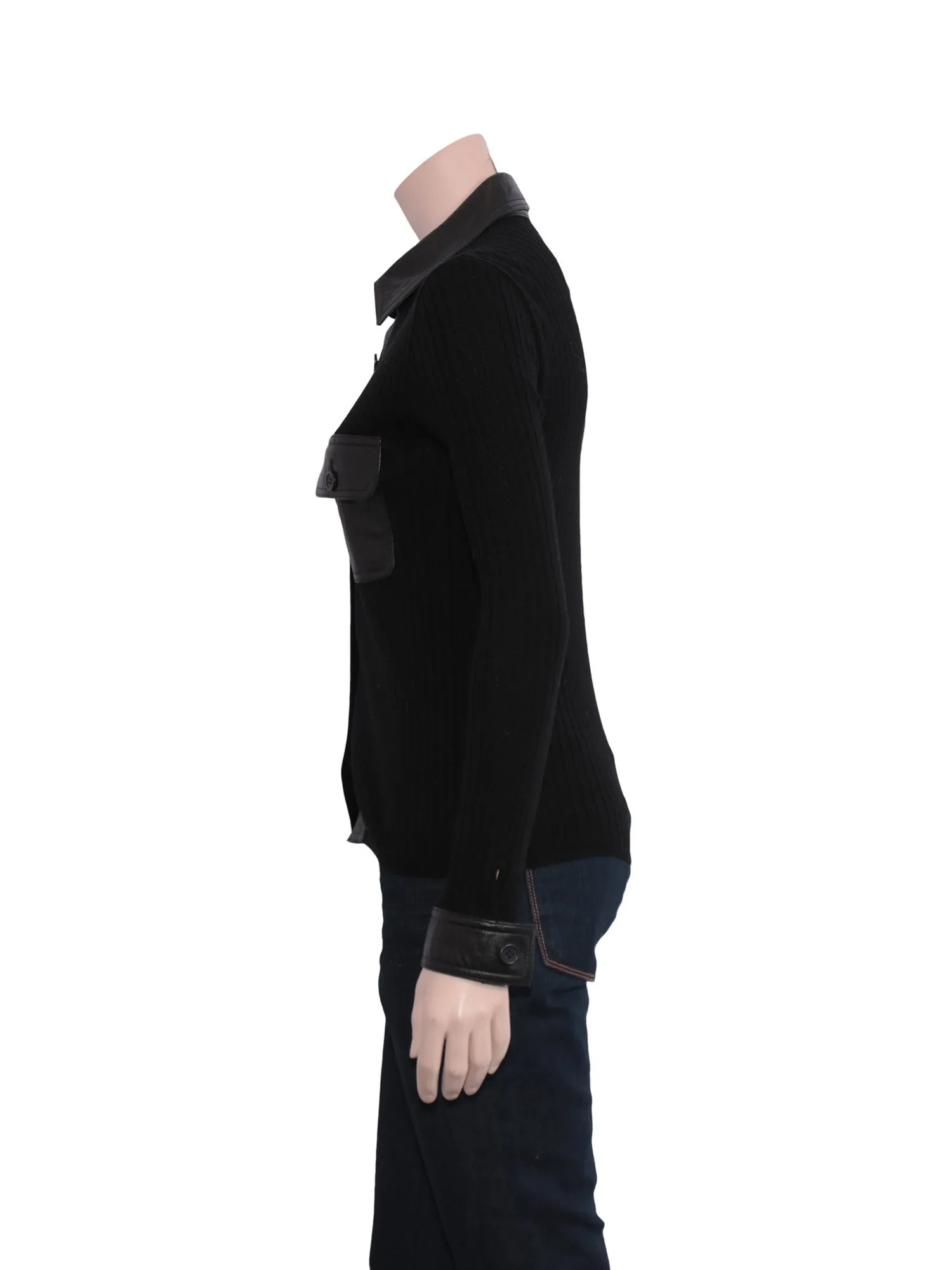 Ribbed Leather Detail Wool Sweater