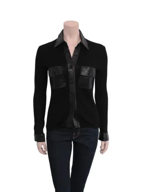 Ribbed Leather Detail Wool Sweater