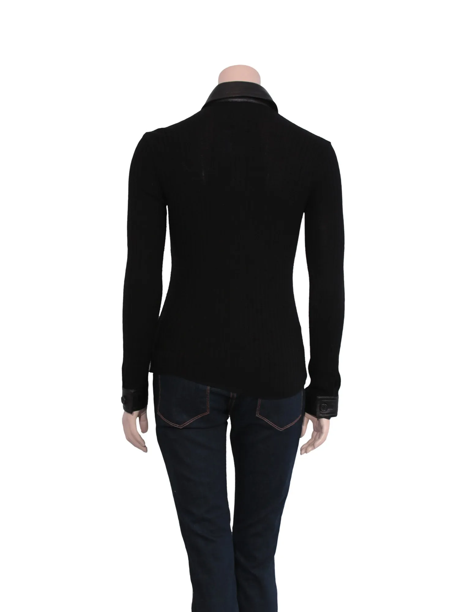 Ribbed Leather Detail Wool Sweater
