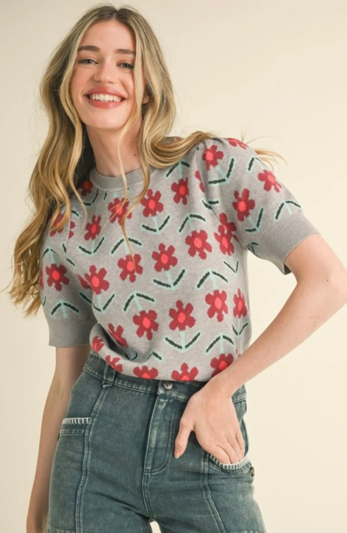 Short Sleeve Floral Knit Sweater