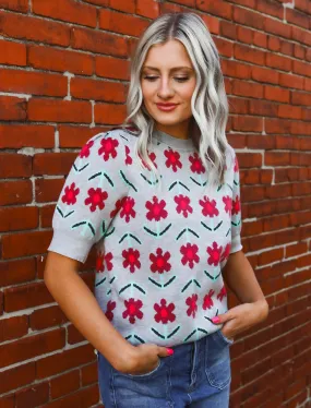 Short Sleeve Floral Knit Sweater