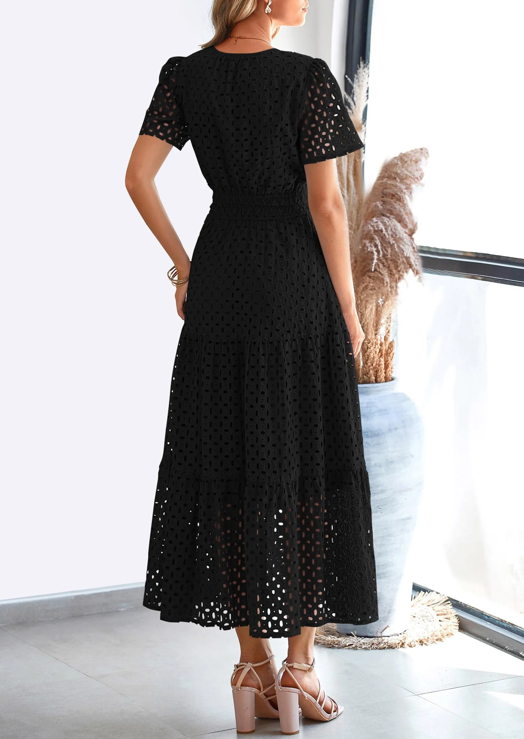 Short Sleeve V Neck Hollow Out Eyelet A Line Long Beach Maxi Dress