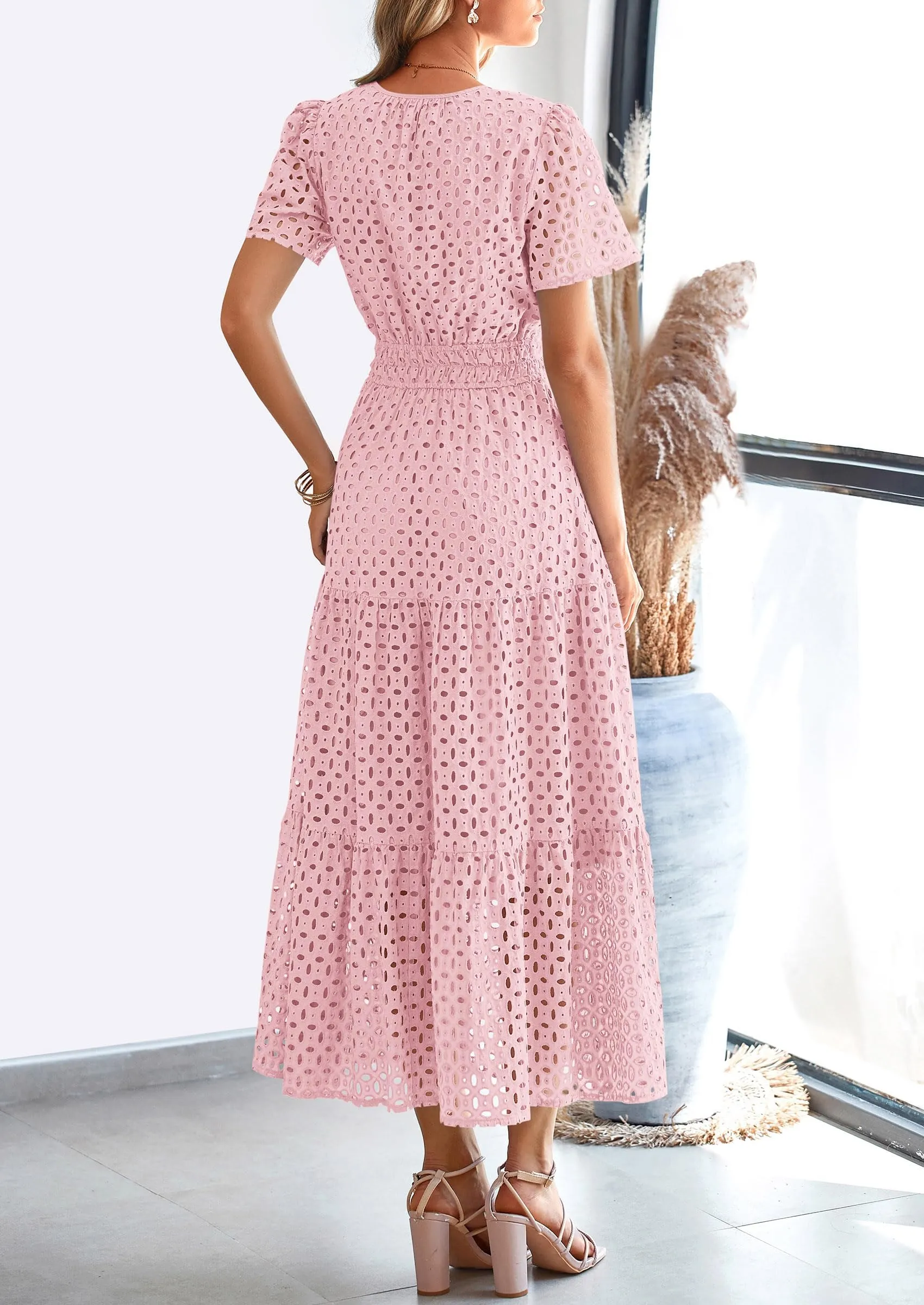 Short Sleeve V Neck Hollow Out Eyelet A Line Long Beach Maxi Dress