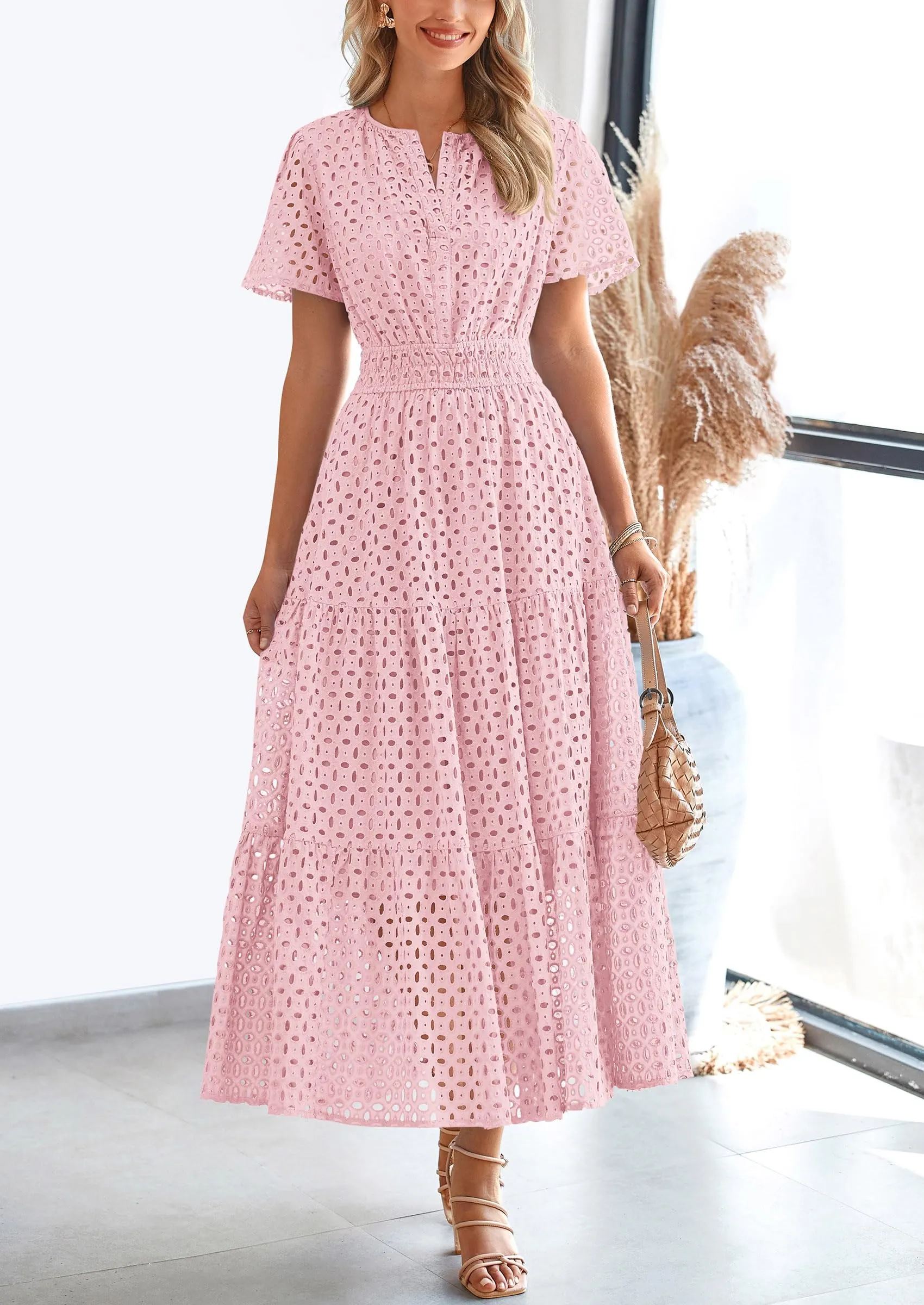 Short Sleeve V Neck Hollow Out Eyelet A Line Long Beach Maxi Dress