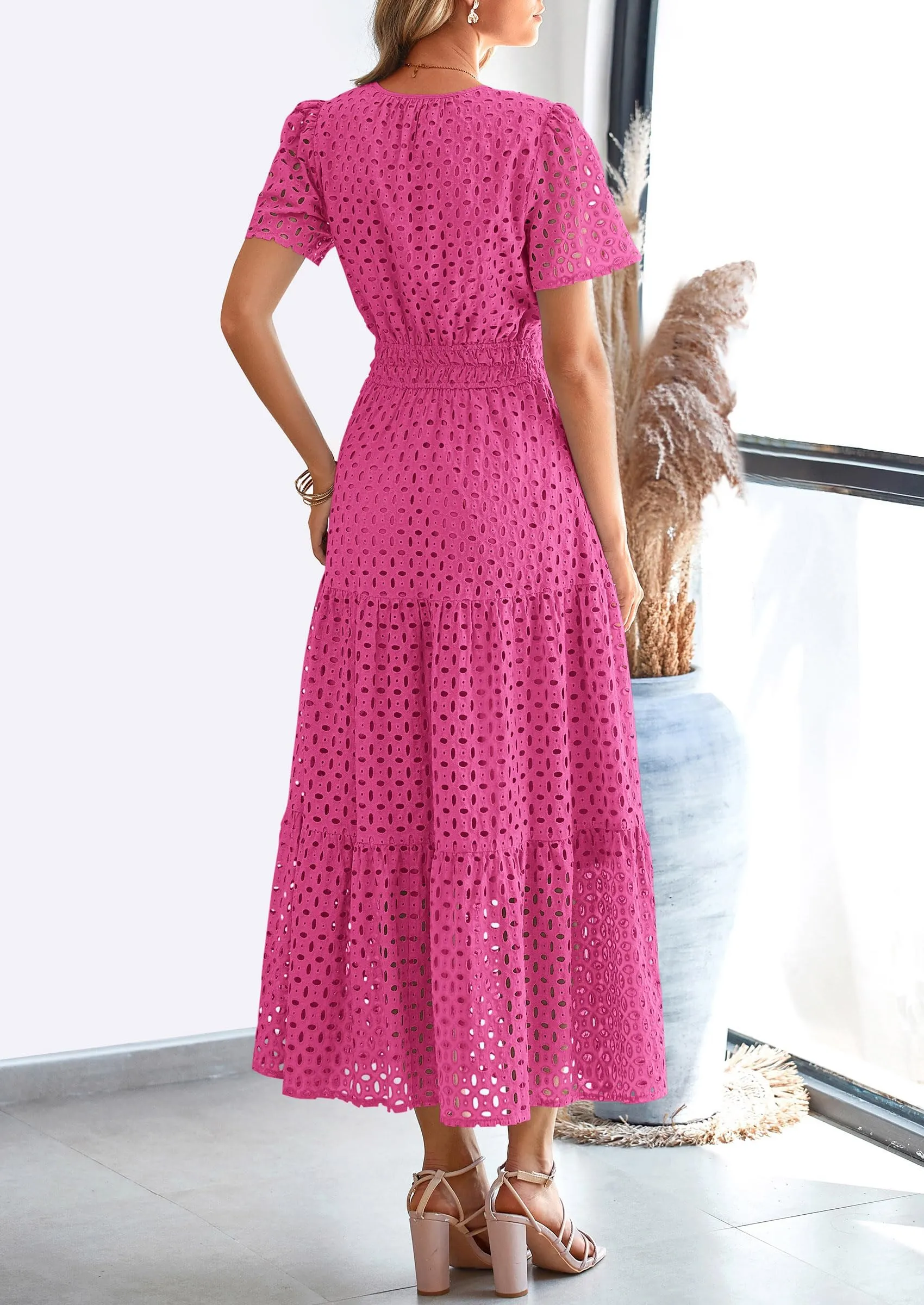Short Sleeve V Neck Hollow Out Eyelet A Line Long Beach Maxi Dress