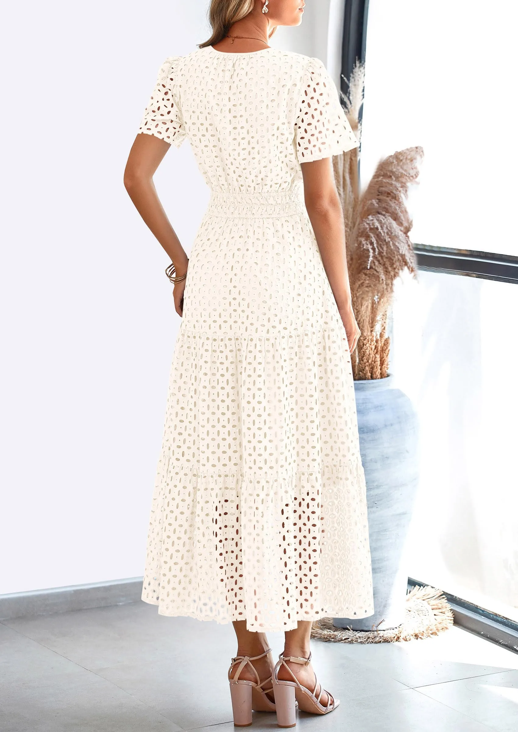 Short Sleeve V Neck Hollow Out Eyelet A Line Long Beach Maxi Dress