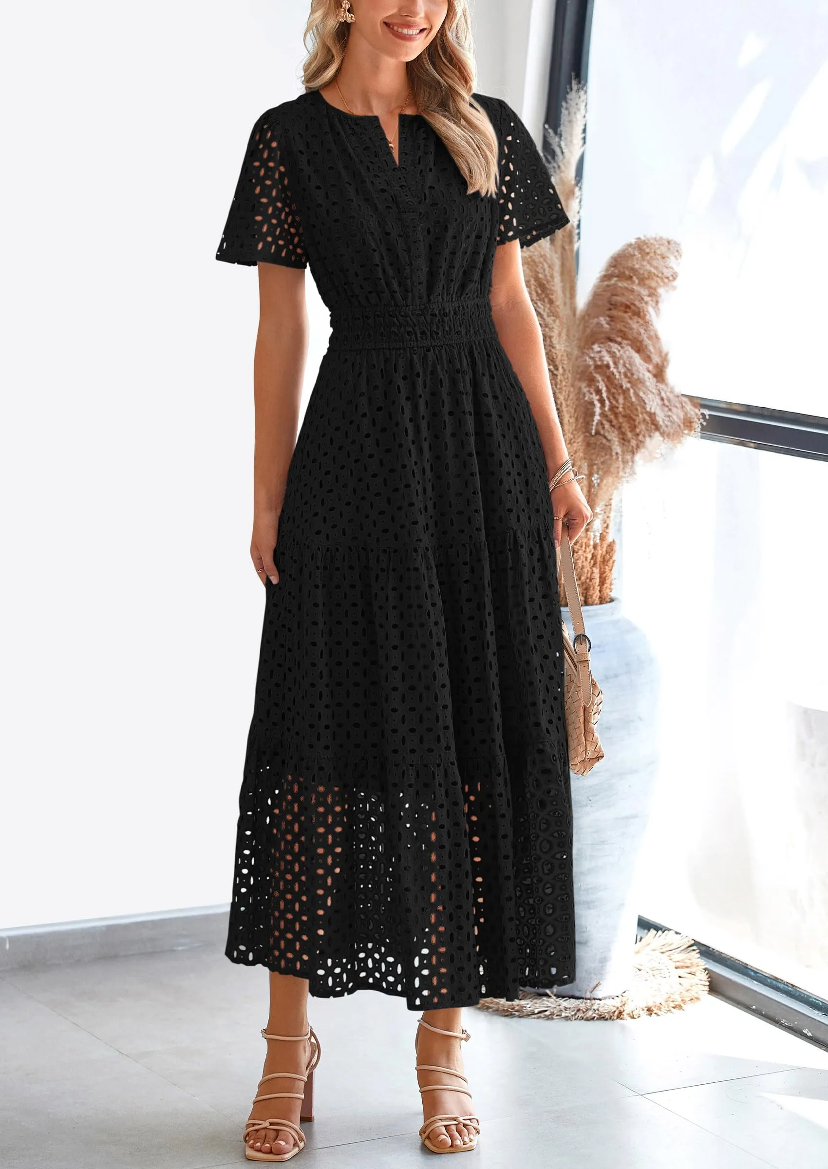 Short Sleeve V Neck Hollow Out Eyelet A Line Long Beach Maxi Dress