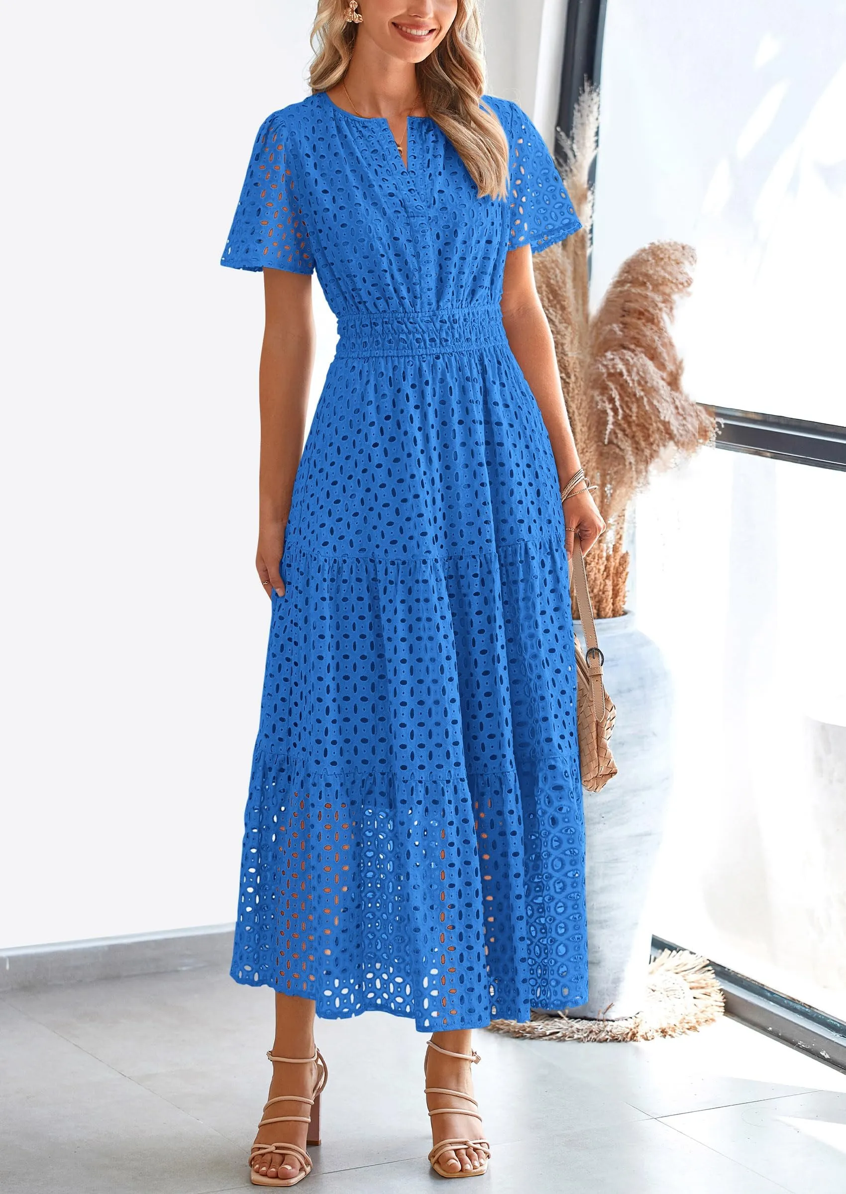 Short Sleeve V Neck Hollow Out Eyelet A Line Long Beach Maxi Dress