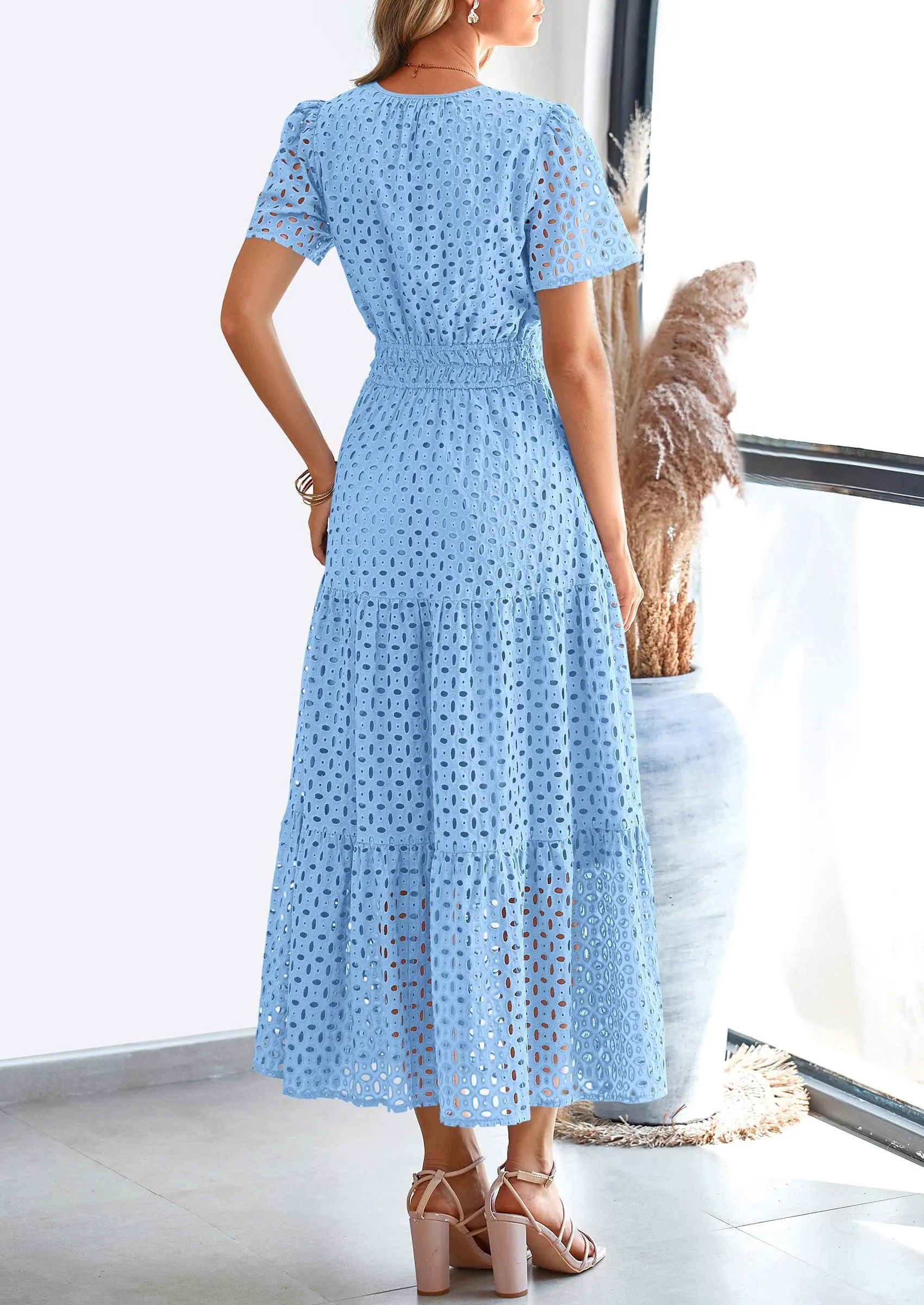 Short Sleeve V Neck Hollow Out Eyelet A Line Long Beach Maxi Dress
