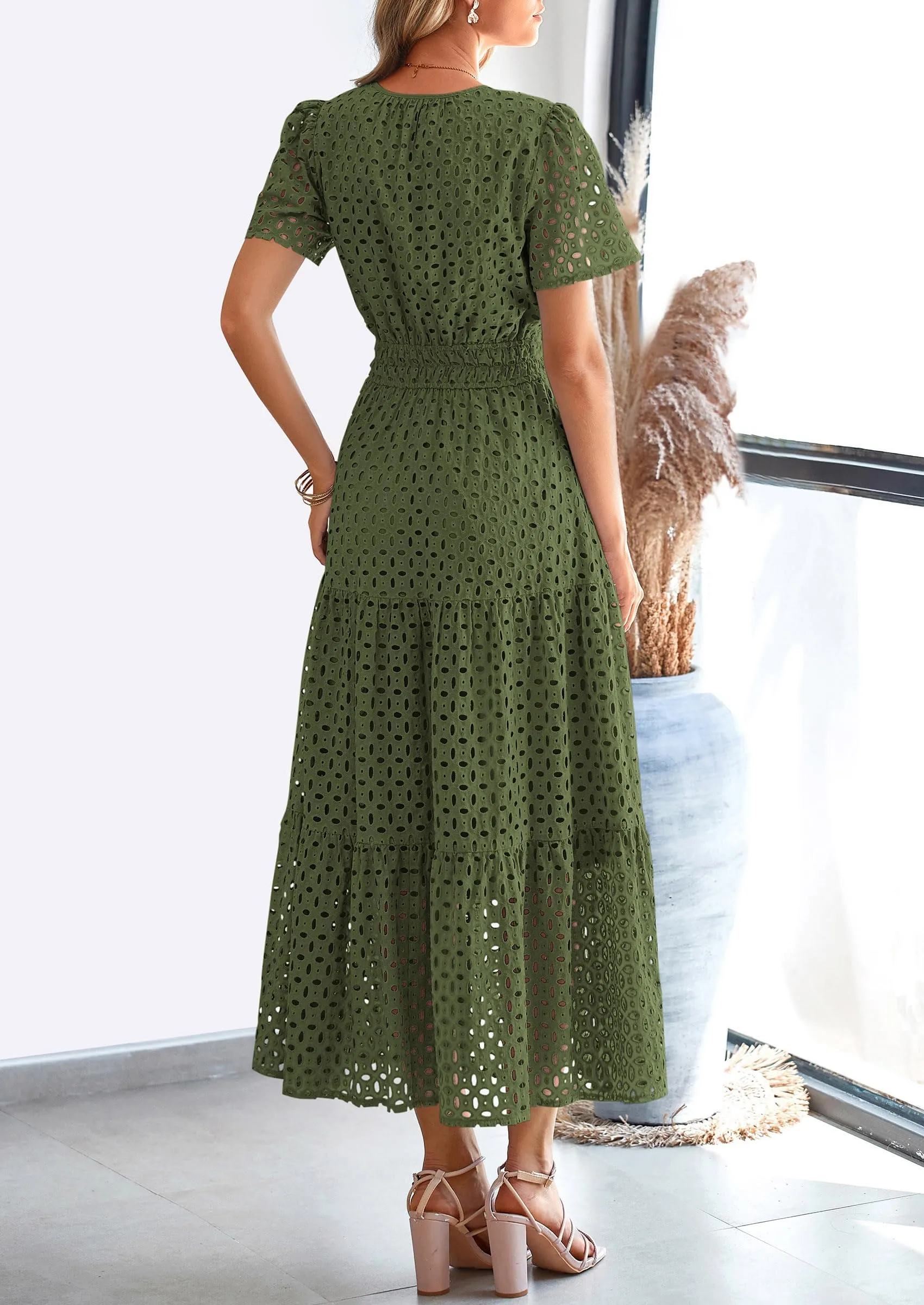 Short Sleeve V Neck Hollow Out Eyelet A Line Long Beach Maxi Dress