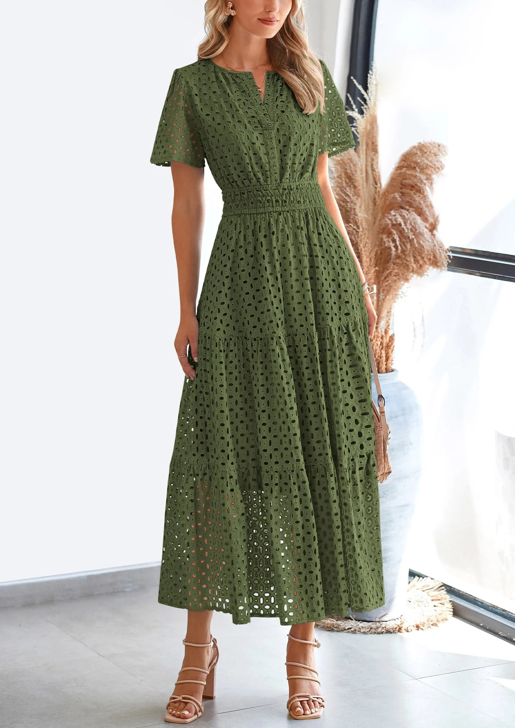 Short Sleeve V Neck Hollow Out Eyelet A Line Long Beach Maxi Dress