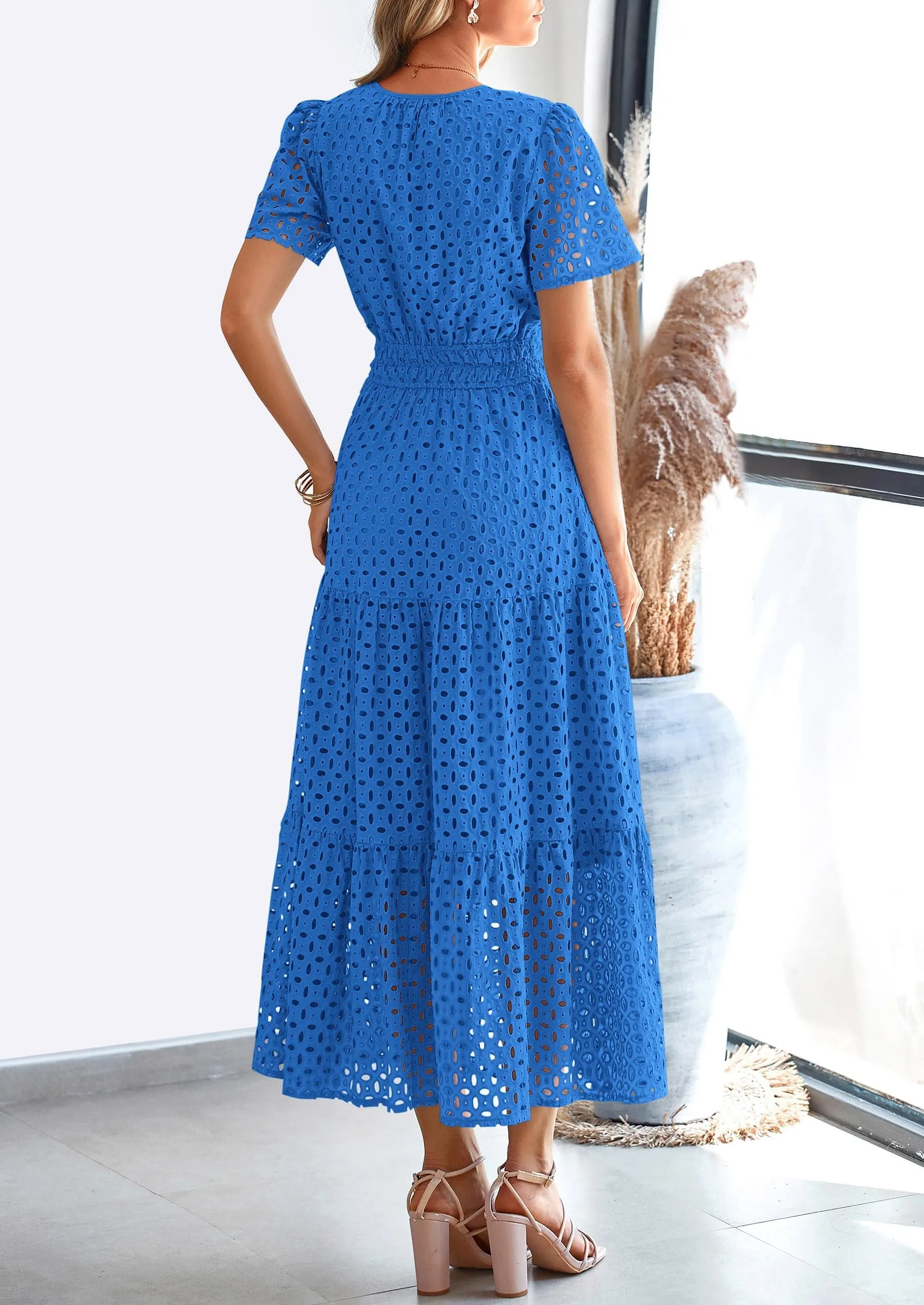 Short Sleeve V Neck Hollow Out Eyelet A Line Long Beach Maxi Dress