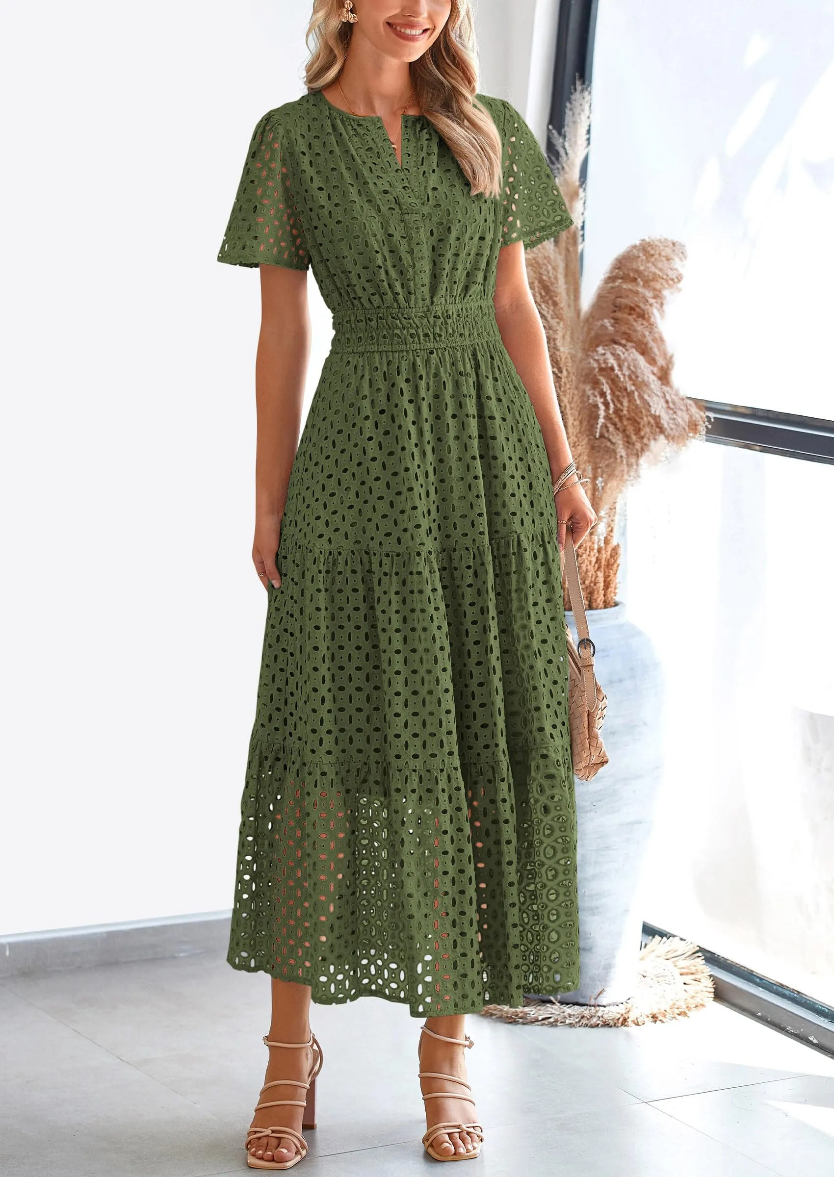 Short Sleeve V Neck Hollow Out Eyelet A Line Long Beach Maxi Dress