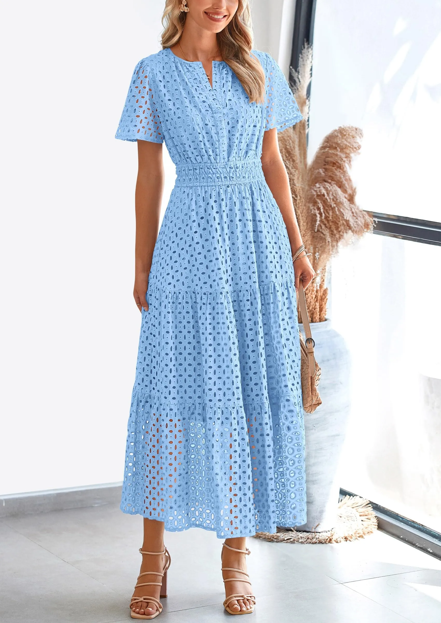 Short Sleeve V Neck Hollow Out Eyelet A Line Long Beach Maxi Dress