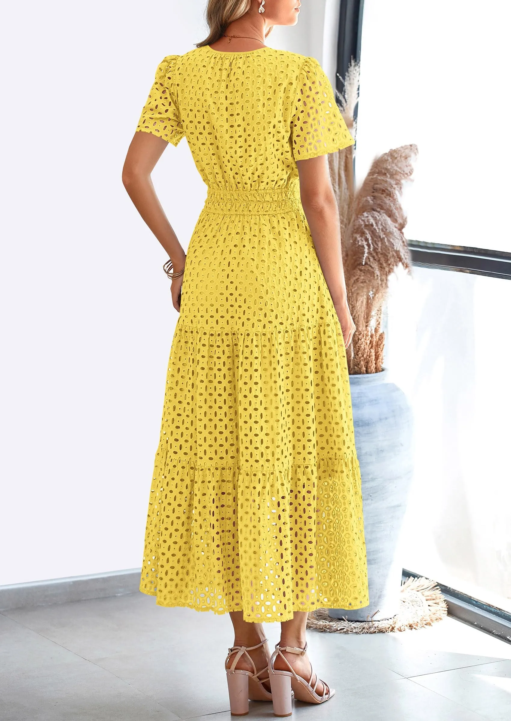 Short Sleeve V Neck Hollow Out Eyelet A Line Long Beach Maxi Dress