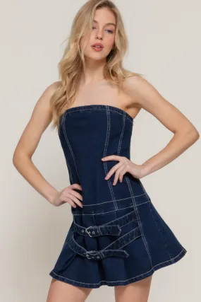 Strapless Stretch Denim Mini Pleats Dress