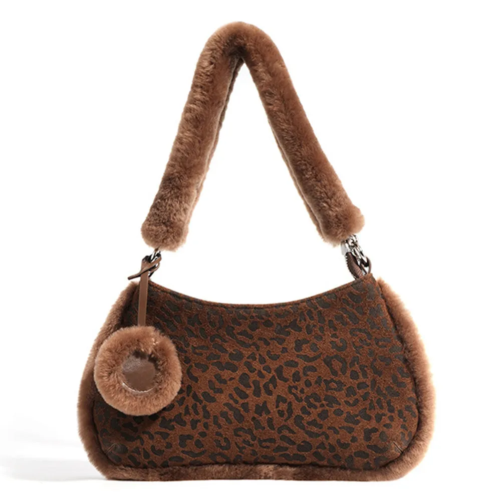 Suede Leopard Print Light Luxury Fashionable And Versatile Shoulder Bag With Faux Fur
