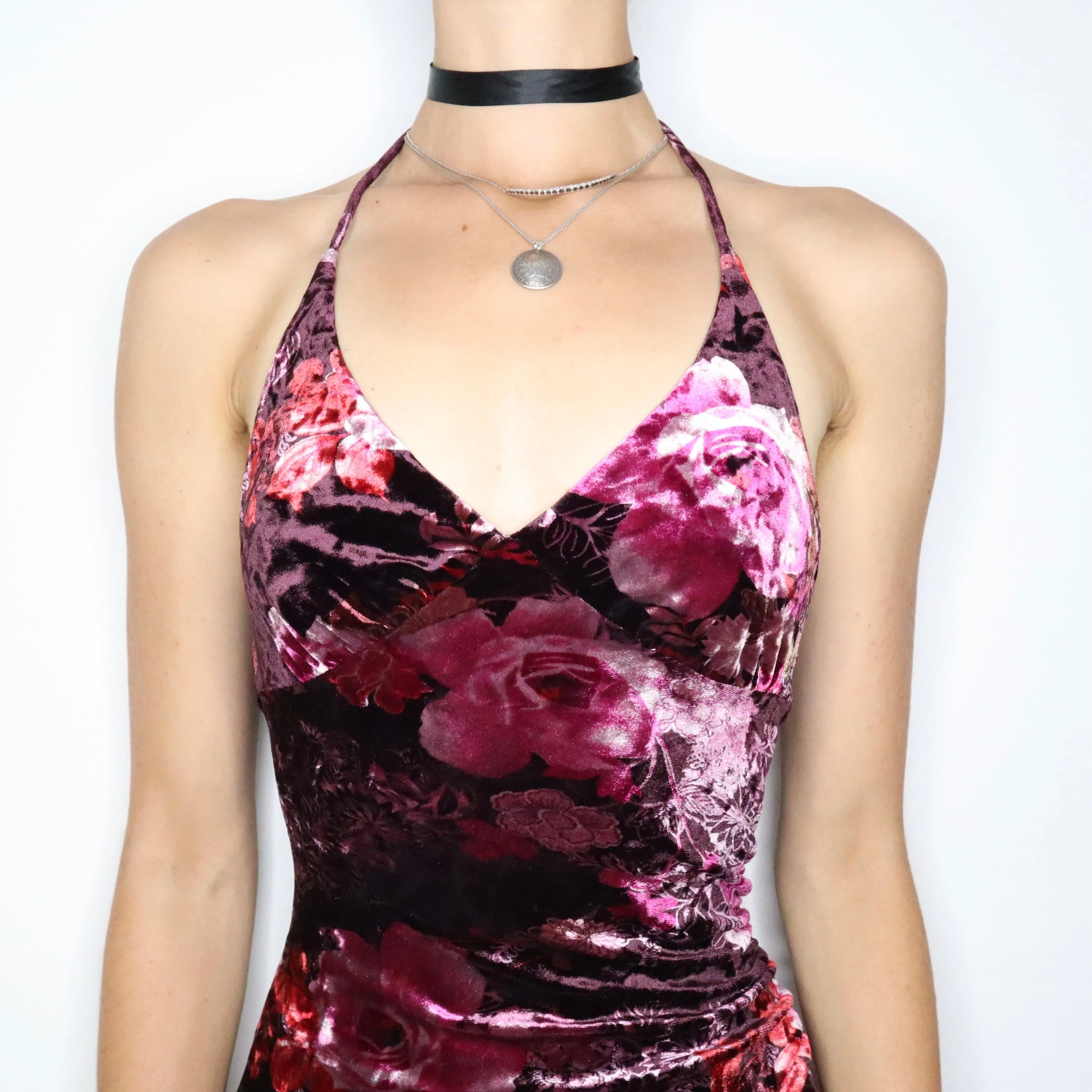 Velvet Floral Halter Midi Dress (Small)