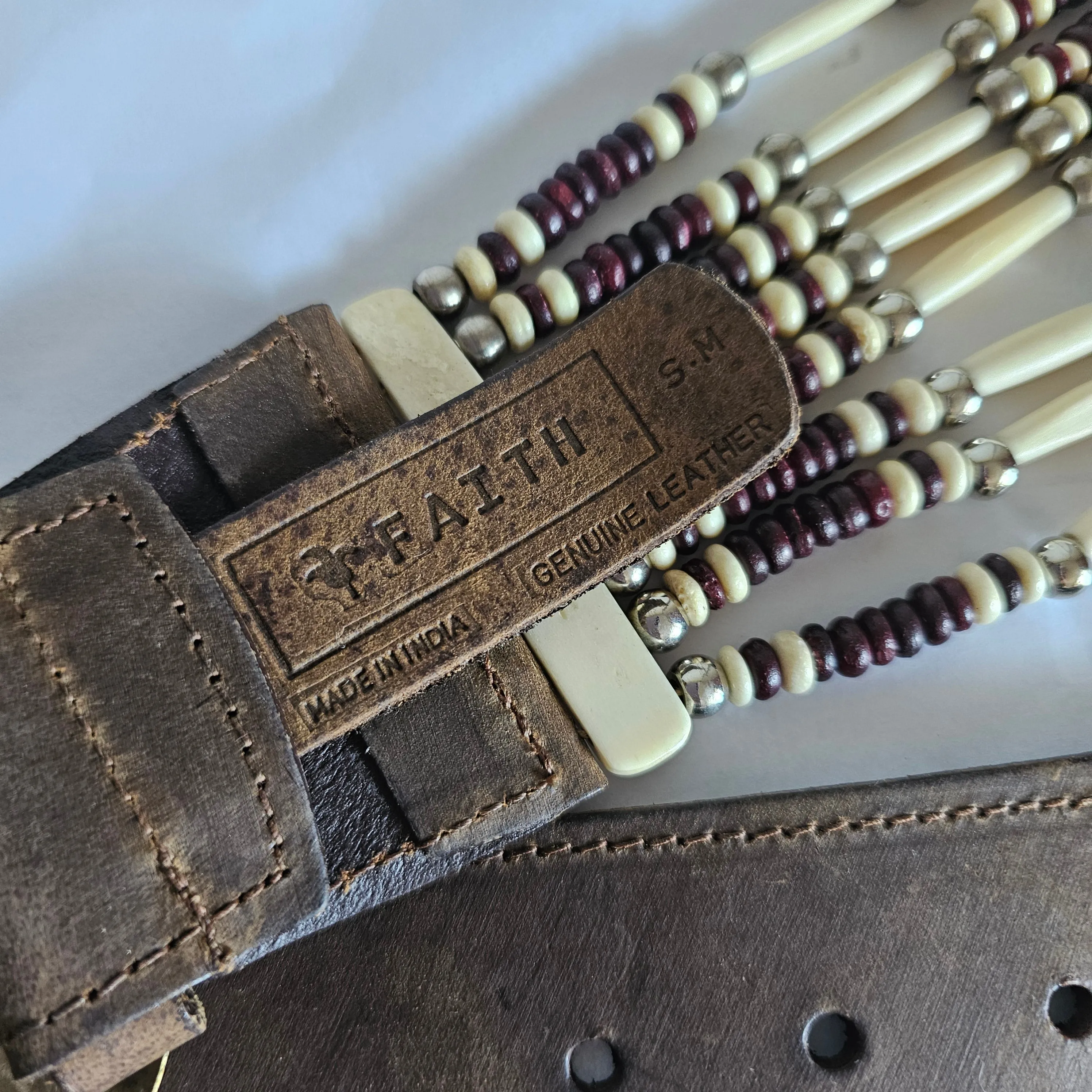 Vintage Native american buffalo bone belt M/L gold buckle silver edges.