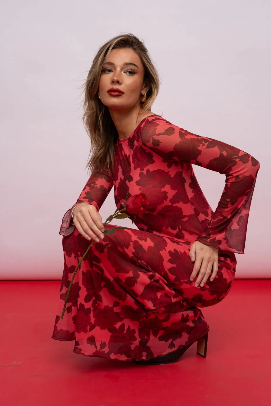Warm Floral Bell Sleeve Maxi Dress