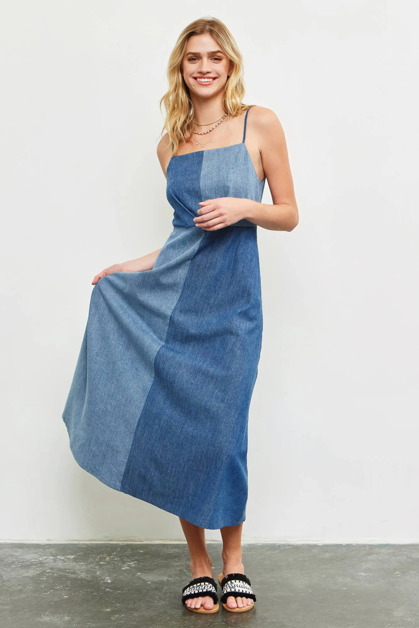 Washed Denim Strap Midi Dress with Pockets | SeaJay's Boutique