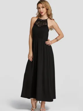 Wholesale Black Crew Neck Sleeveless Plain Hollow Spaghetti Strap Ruffle Hem Maxi Dresses