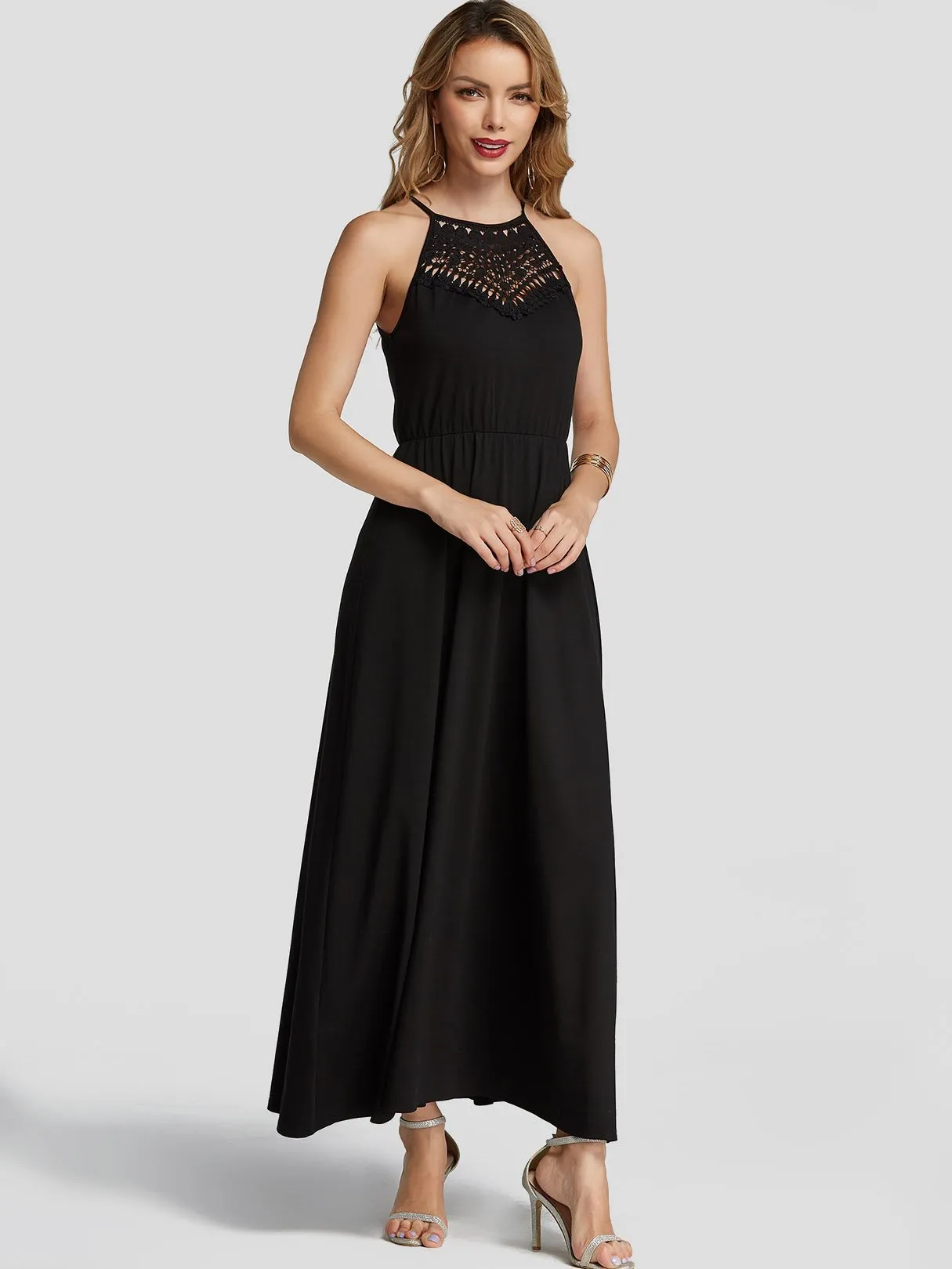 Wholesale Black Crew Neck Sleeveless Plain Hollow Spaghetti Strap Ruffle Hem Maxi Dresses