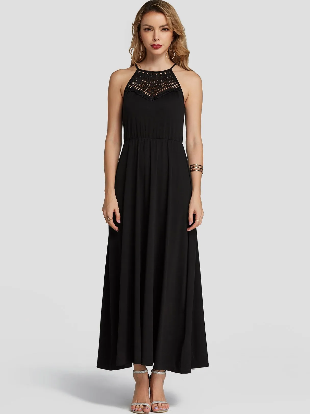Wholesale Black Crew Neck Sleeveless Plain Hollow Spaghetti Strap Ruffle Hem Maxi Dresses