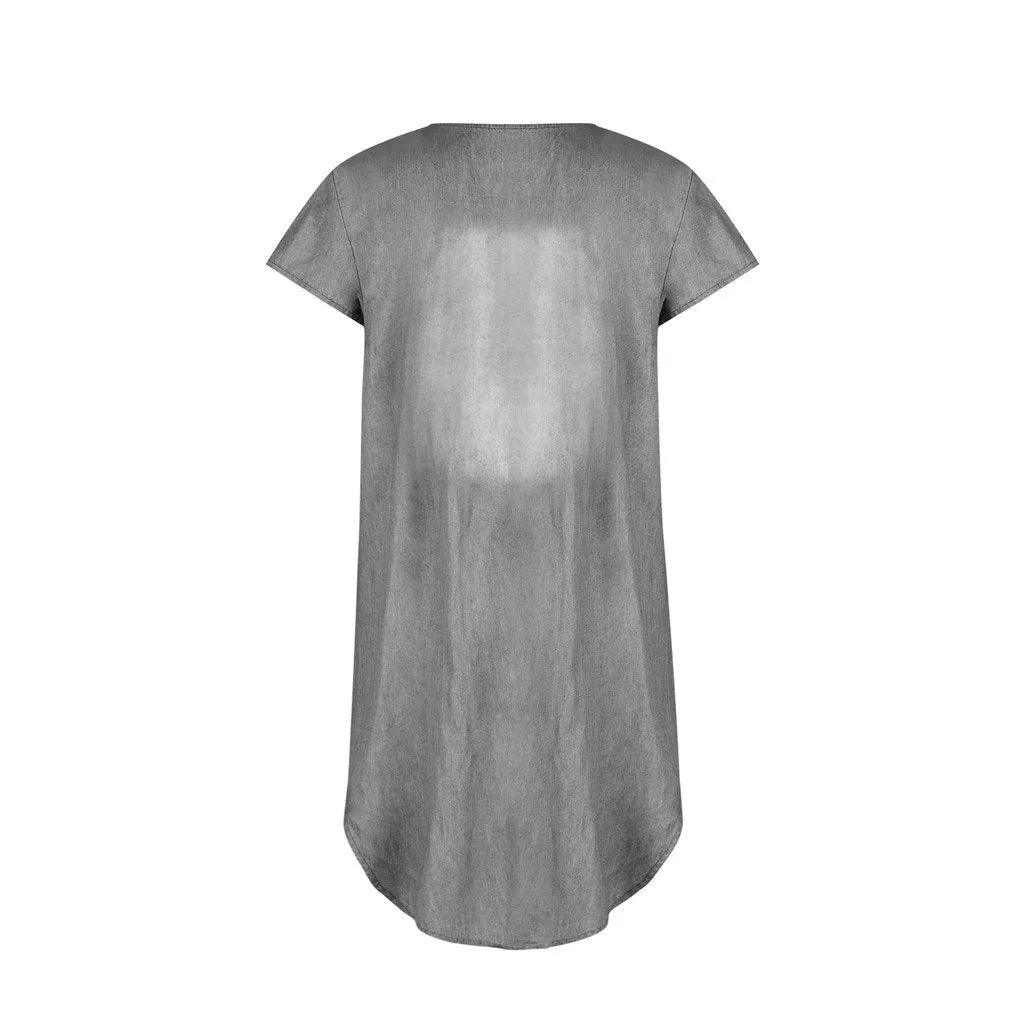 Women Short Sleeve V Neck Denim Jean Dress