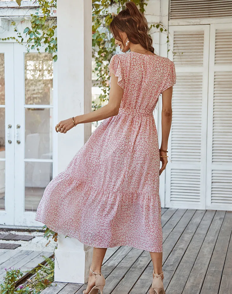 Women's Floral Summer Dress Wrap V Neck Short Sleeve Belted Ruffle Hem A-Line Bohemian Maxi Dresses