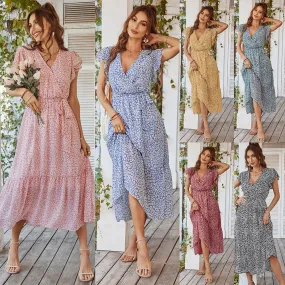 Women's Floral Summer Dress Wrap V Neck Short Sleeve Belted Ruffle Hem A-Line Bohemian Maxi Dresses