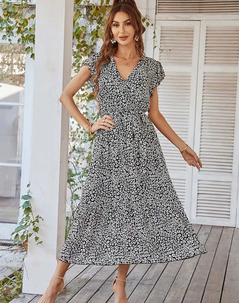 Women's Floral Summer Dress Wrap V Neck Short Sleeve Belted Ruffle Hem A-Line Bohemian Maxi Dresses